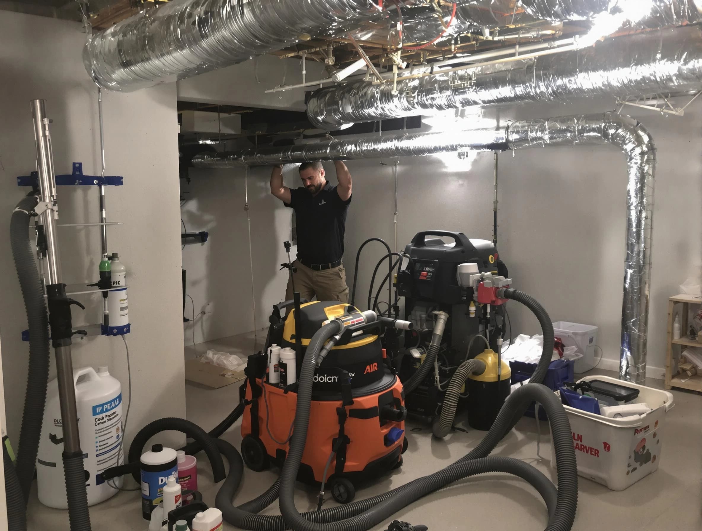 Milford Air Duct Cleaning specialist performing professional mold removal from air ducts using safety equipment in Milford