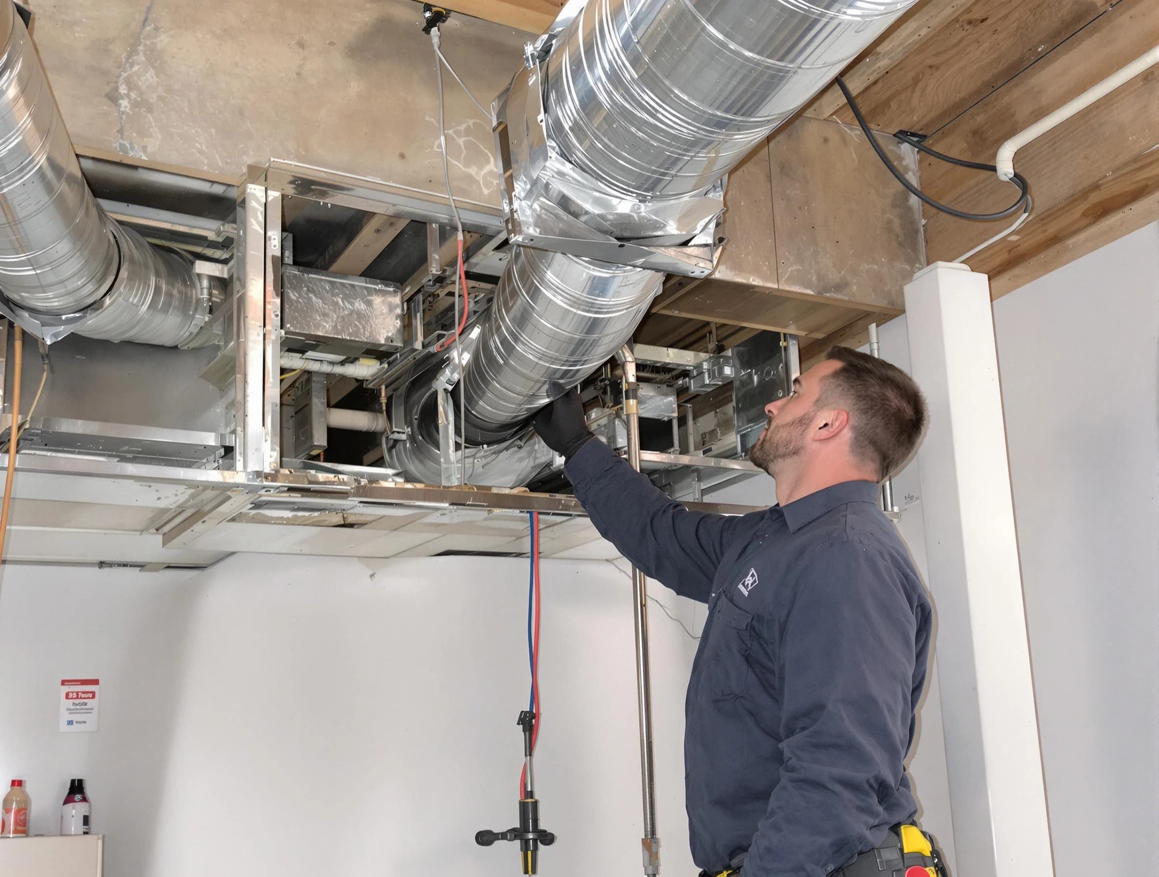 Milford Air Duct Cleaning technician performing professional air duct repair using specialized tools in Milford