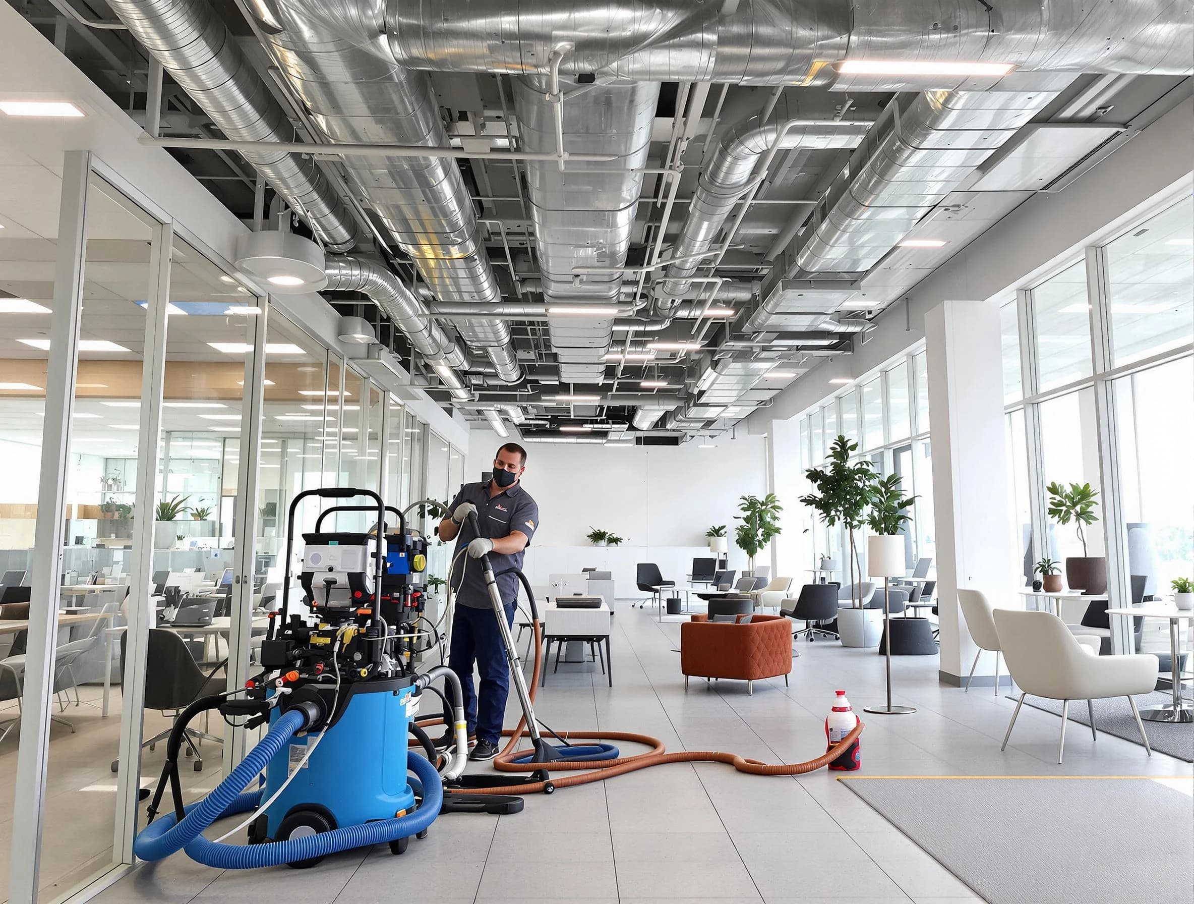 Milford Air Duct Cleaning team conducting comprehensive commercial duct cleaning at a business location in Milford